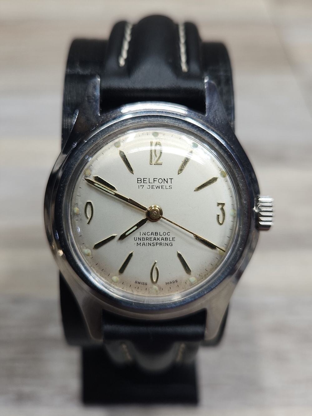 Vintage Belfont 17 Jewels Manual Wind Incabloc watch. New Leather Band. 1950's